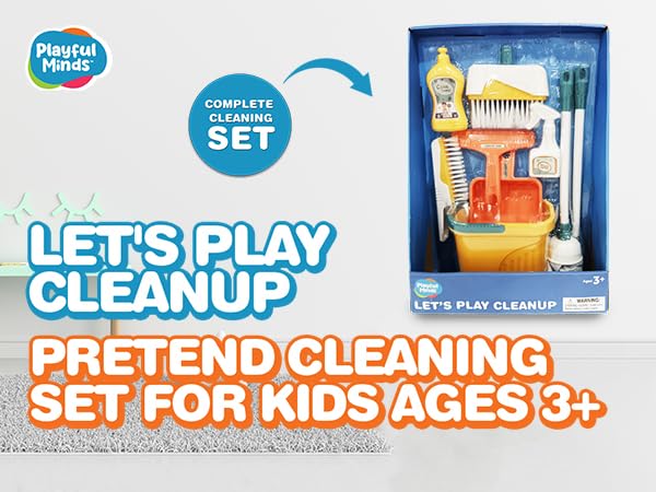 Playful Minds cleaning playset brush: fine motor practice with gentle bristles during pretend chores.