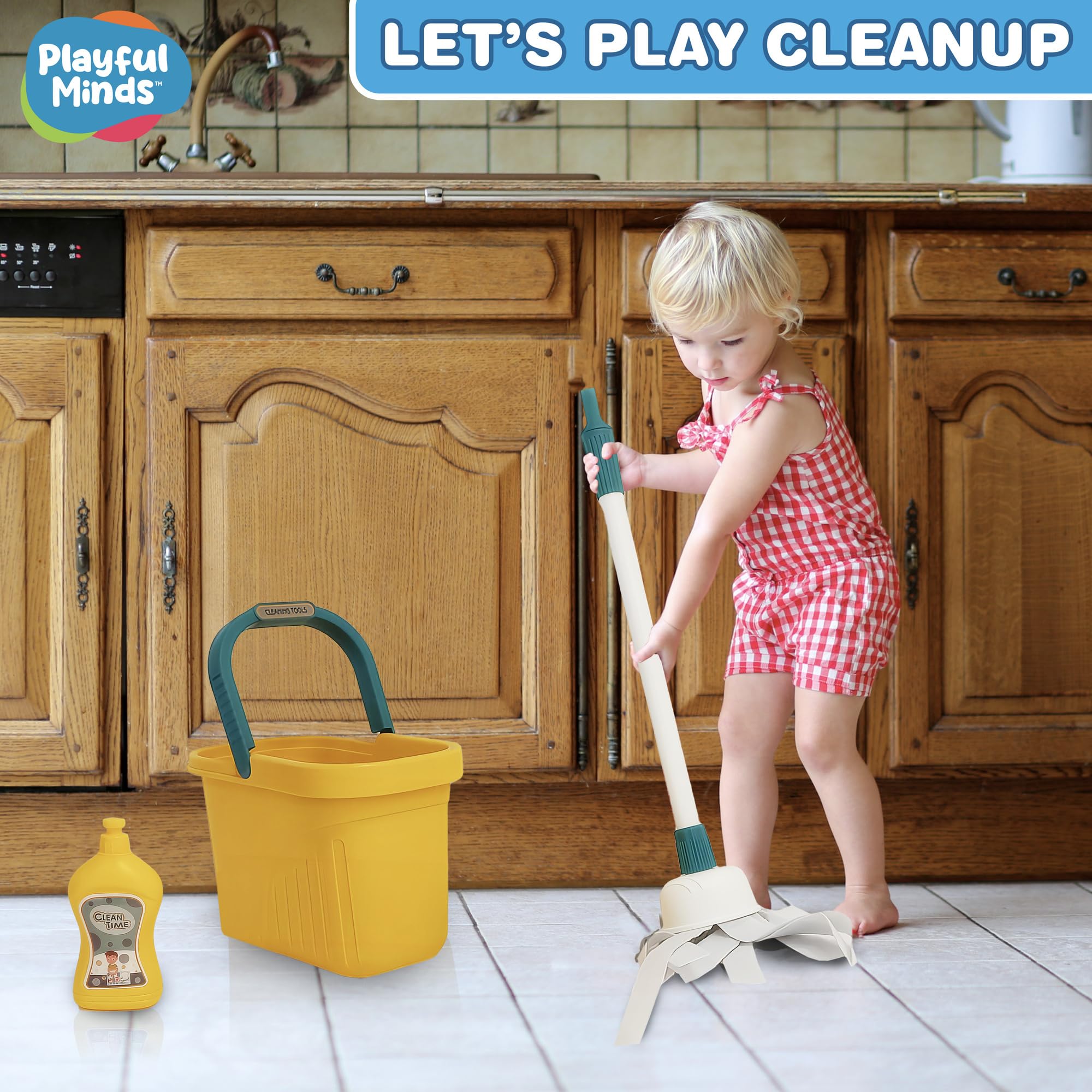 Playful Minds cleaning playset mop: realistic design sparks imaginative chores and coordination.