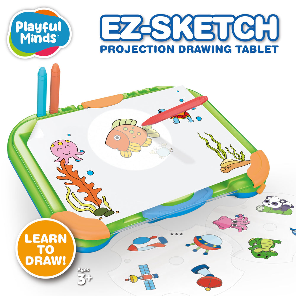 Playful Minds EZ Sketch projection display showing kid-friendly templates for tracing.