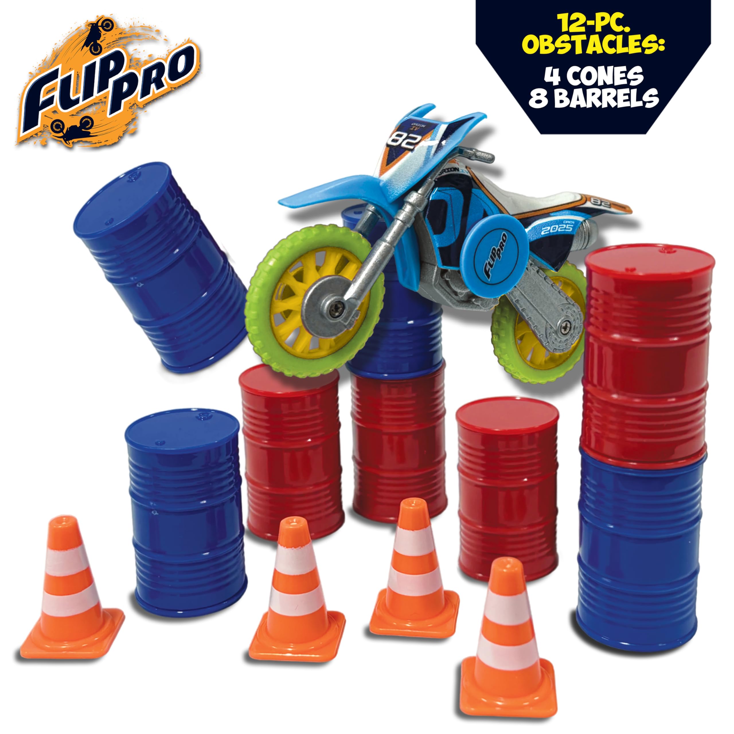 Playful Minds 16-piece set includes ramps, cones, barrels, tools for DIY stunts.