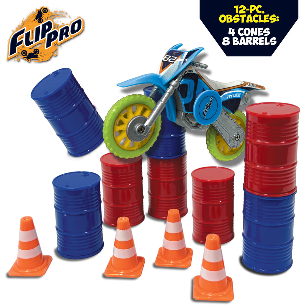 Playful Minds 16-piece set includes ramps, cones, barrels, tools for DIY stunts.