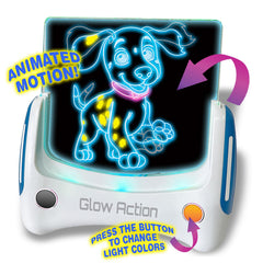 Playful Minds Glow Pad dry-erase surface enables endless reuse.