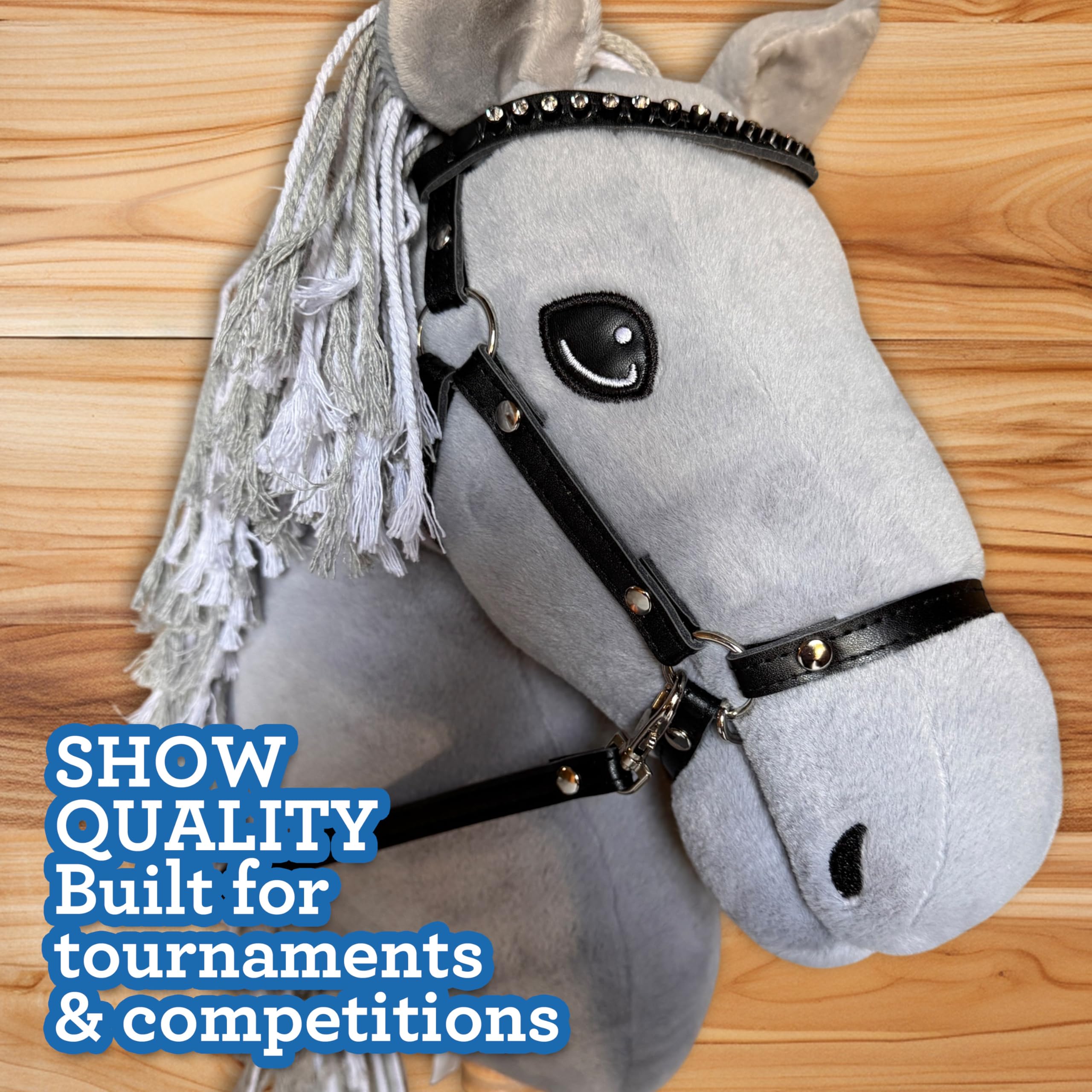 Playful Minds hobby horse grey eyes and mane close-up for realistic look