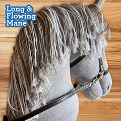 Playful Minds hobby horse head shows long grey mane detail