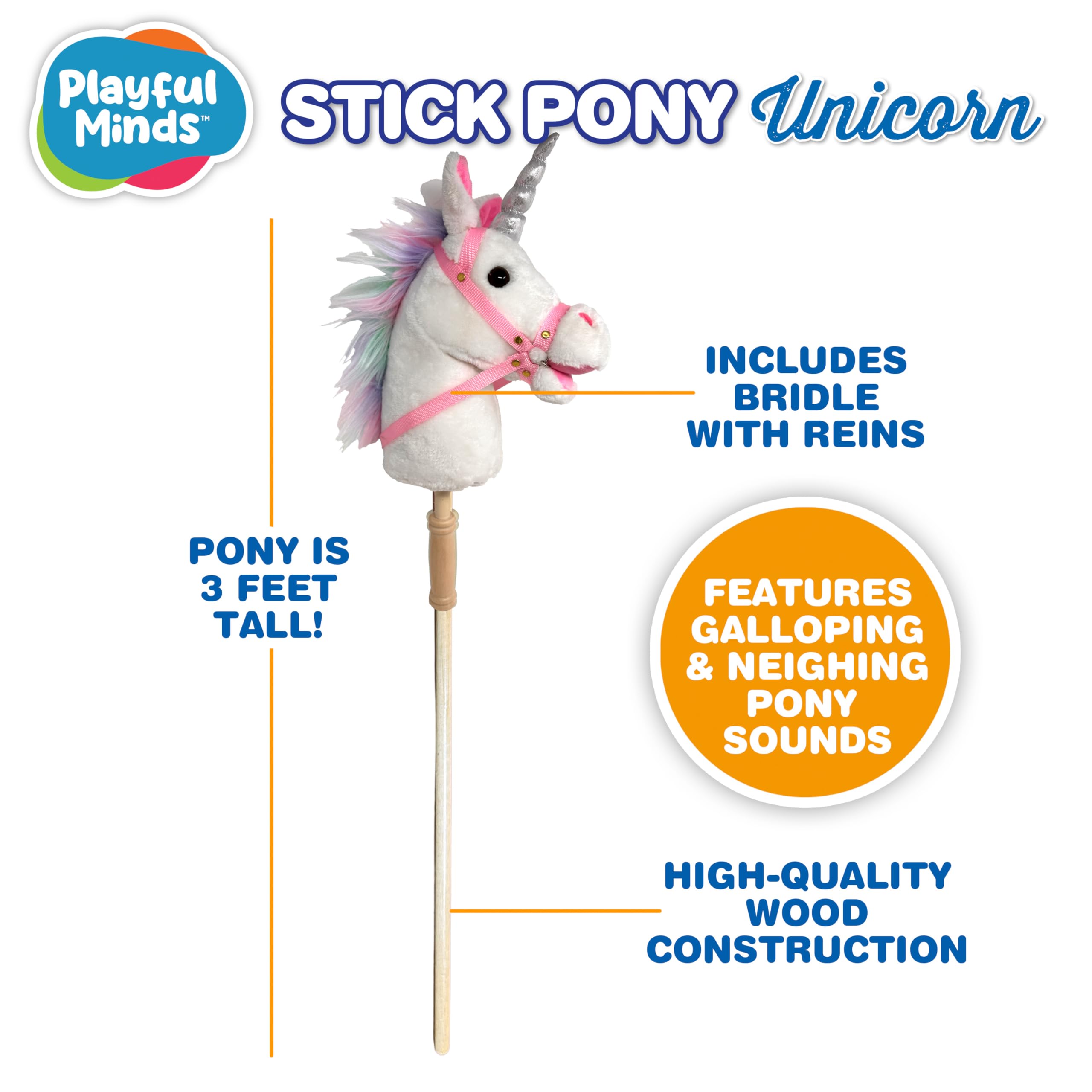 Playful Minds Nature Bound Stick Horse ear-squeeze sound effects enrich pretend riding fun.