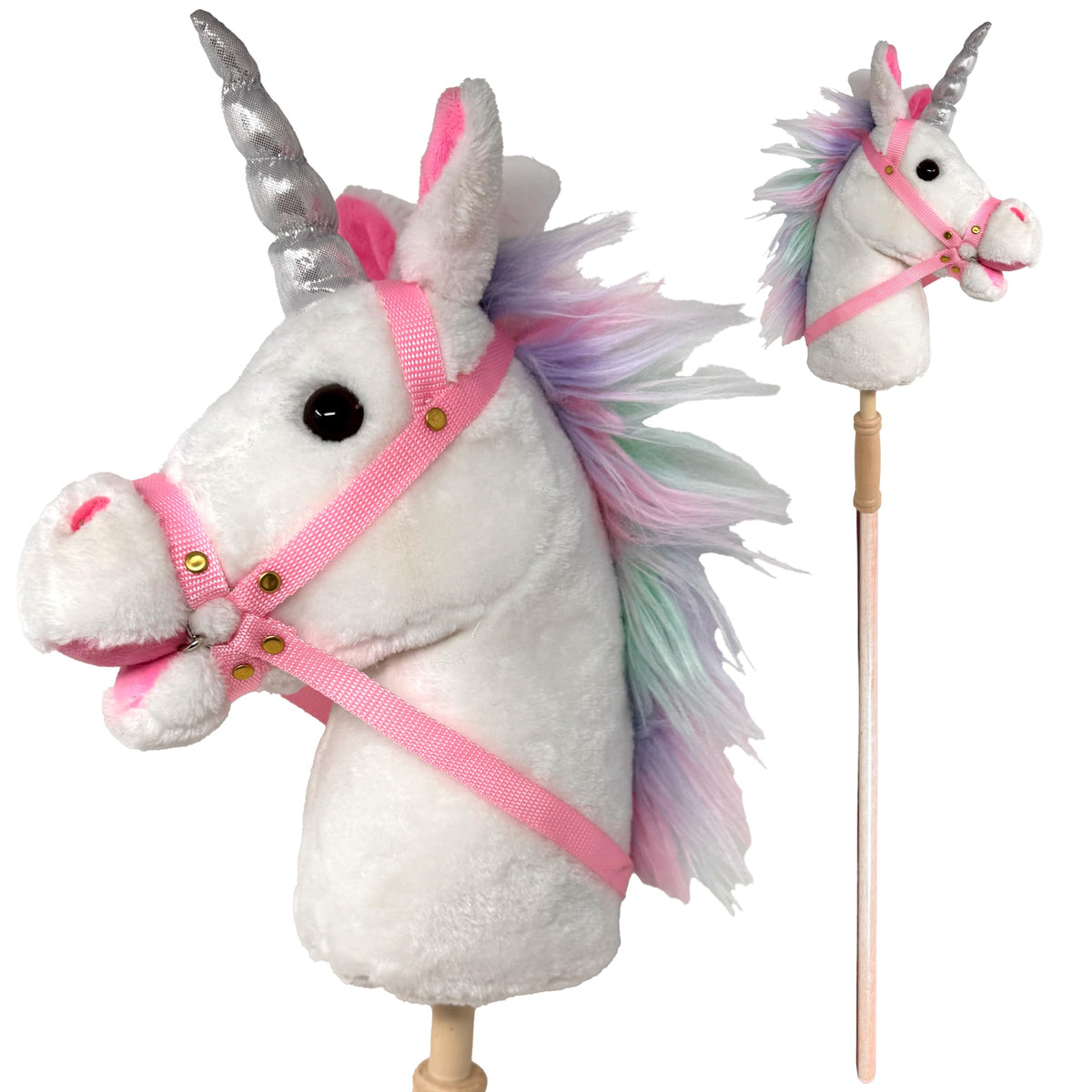 Playful Minds Nature Bound Stick Horse head close-up highlights plush, kid-friendly design for imaginative play.