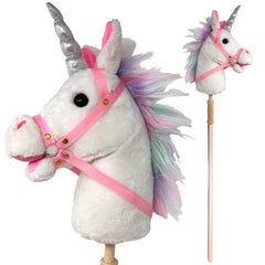 Playful Minds Nature Bound Stick Horse head close-up highlights plush, kid-friendly design for imaginative play.