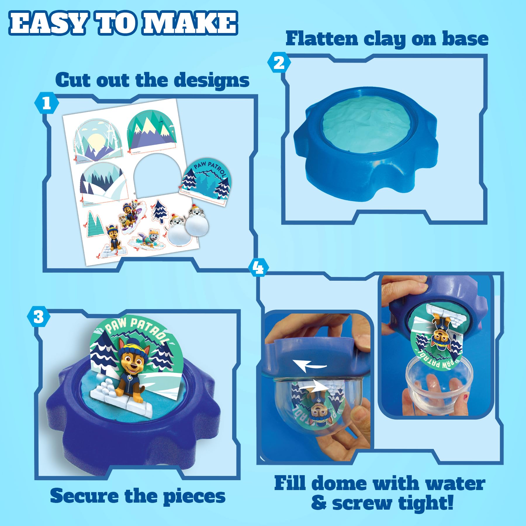 Printed PAW Patrol designs personalize each glitter globe
