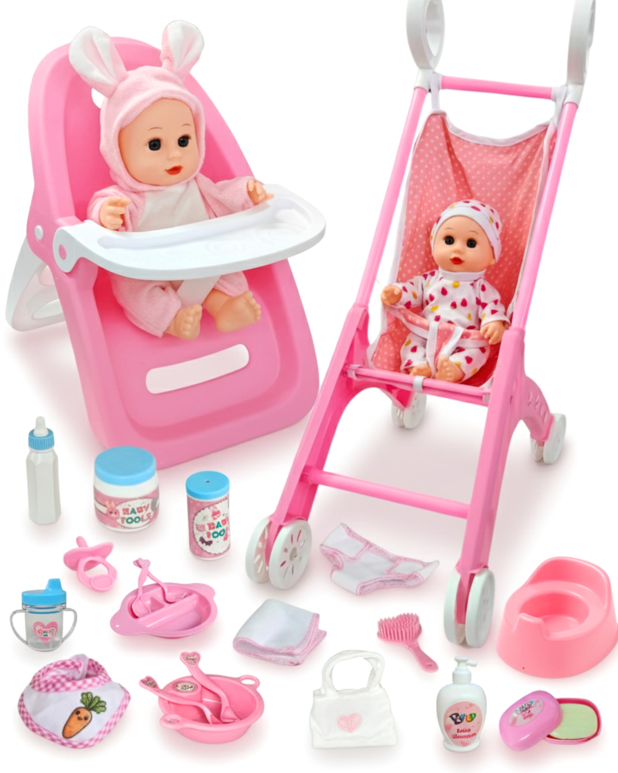 PLAYFULBAY baby doll stroller front view for imaginative play.