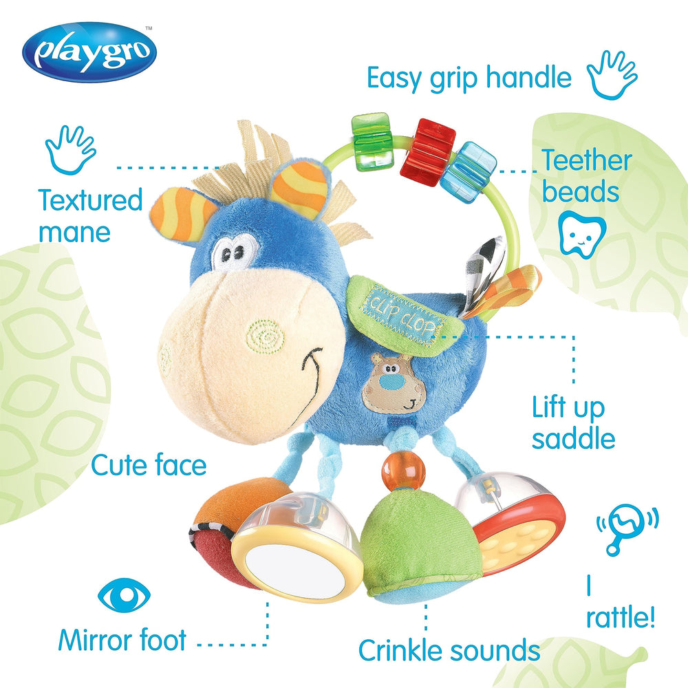 Playgro Clip Clop peekaboo foot engages attention and visual tracking.