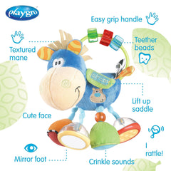 Playgro Clip Clop peekaboo foot engages attention and visual tracking.