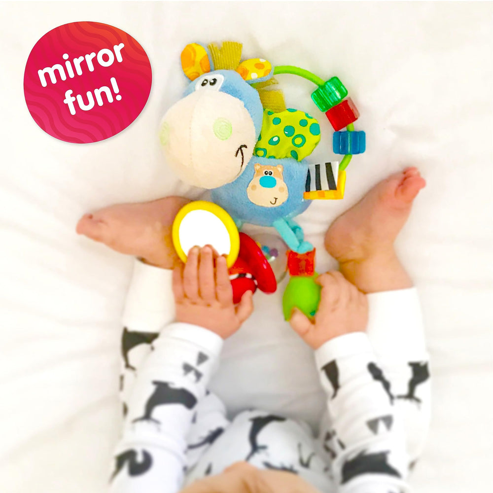 Playgro Clip Clop rattle beads provide gentle sound cues.