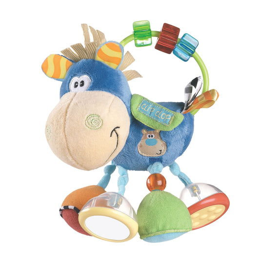 Playgro Clip Clop teething toy with saddle flap promotes sensory exploration.