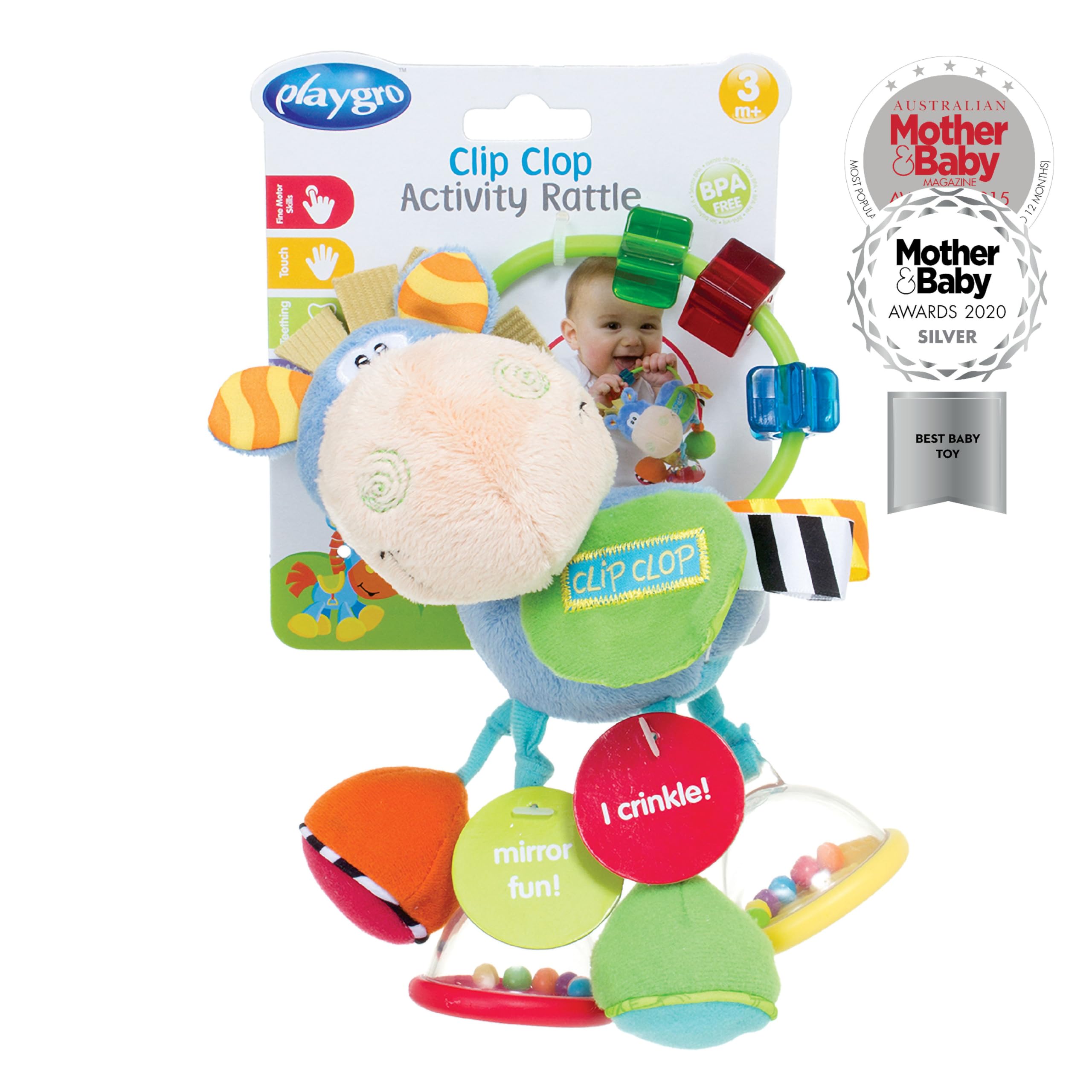 Playgro Clip Clop satin tail adds sensory contrast for teething.