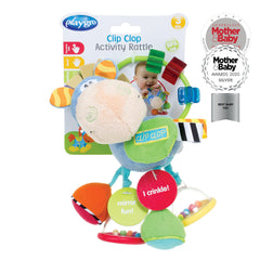 Playgro Clip Clop satin tail adds sensory contrast for teething.