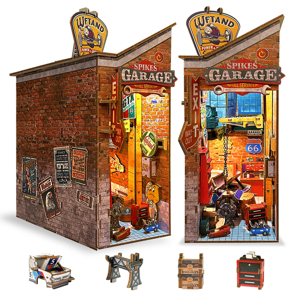 Playhiland Garage Book Nook Kit on shelf showing easy assembly for DIY decor