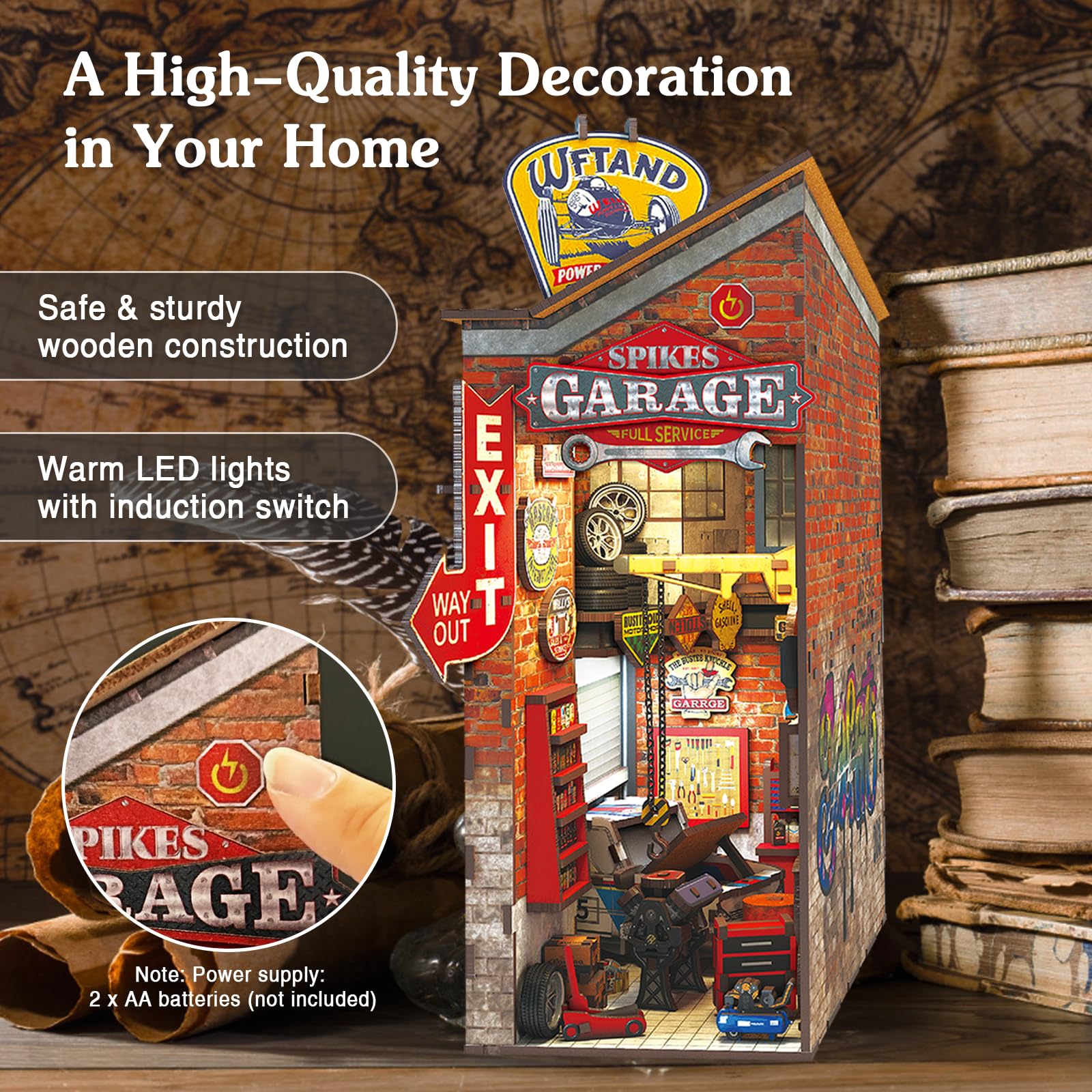 Playhiland Garage Book Nook Kit opened to reveal detailed instructions for easy build