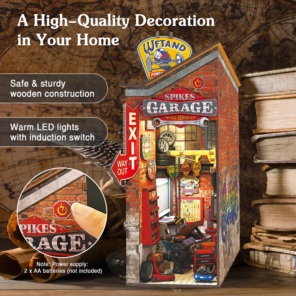 Playhiland Garage Book Nook Kit opened to reveal detailed instructions for easy build