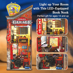 Playhiland Garage Book Nook Kit with sensor LED light illuminating cozy scene