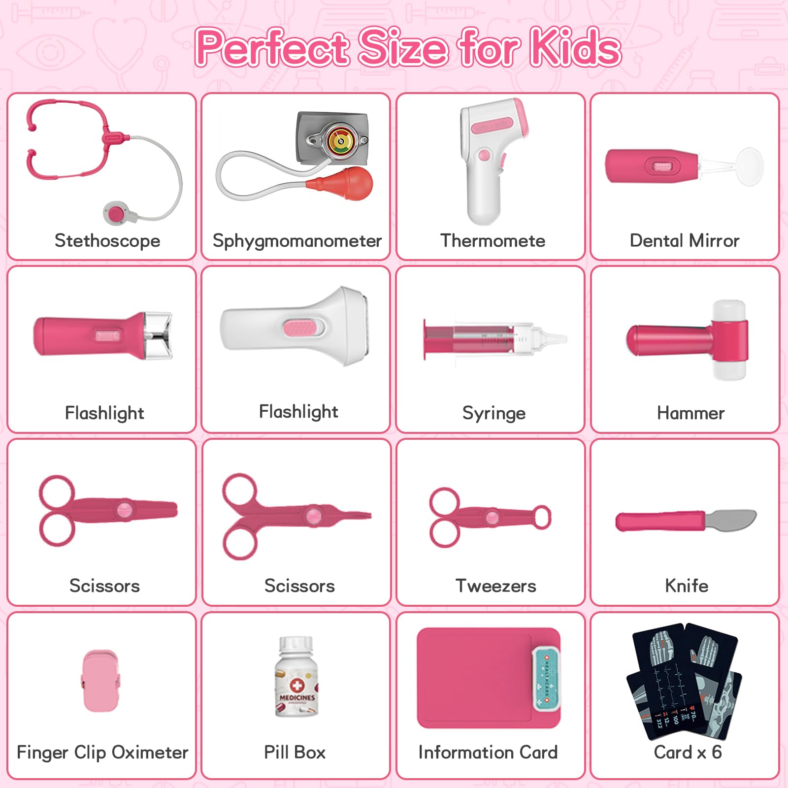 Playhiland pink information cards clarify roles and support storytelling in doctor play.