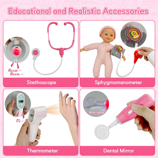 Playhiland pink stethoscope enhances sound-based pretend play and listening skills.