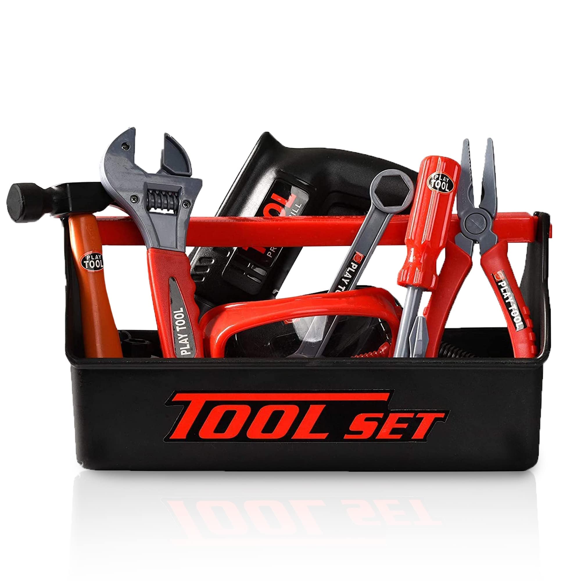 Playkidiz toolbox push-button drill provides safe, realistic pretend drilling for young builders.