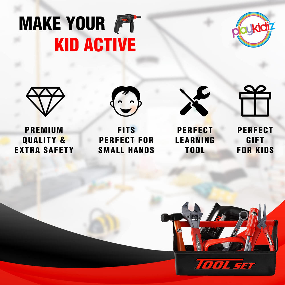 Playkidiz toolbox saw and screwdriver set crafted for safe, educational play sessions.