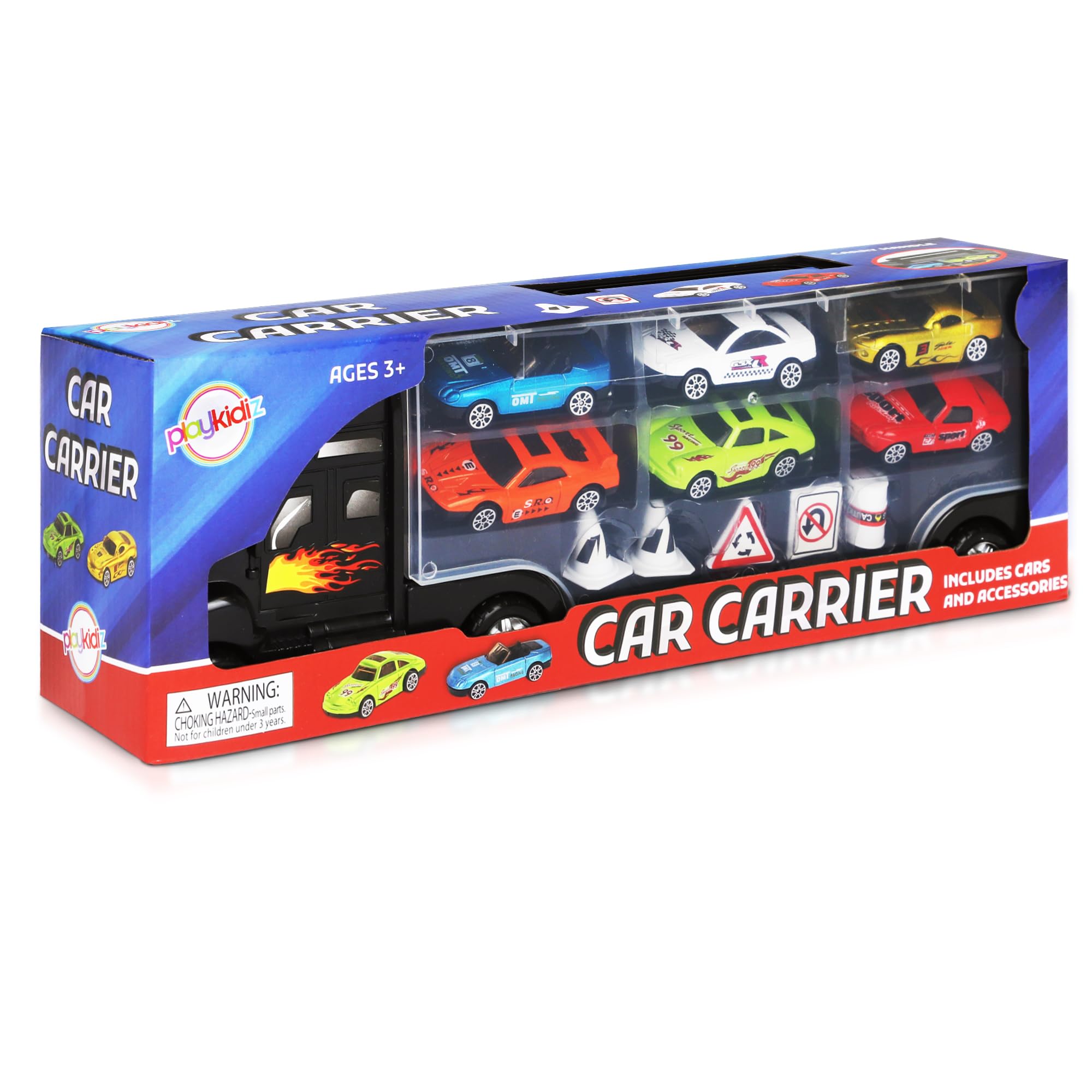 Playkidz car carrier truck in a playroom setup for organized fun.