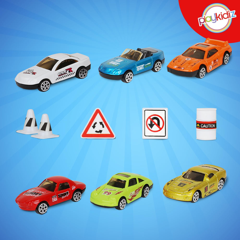 Playkidz car carrier truck filled with six toy cars for organized play.
