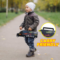 Playkidz car carrier truck handle close-up emphasizing portability.