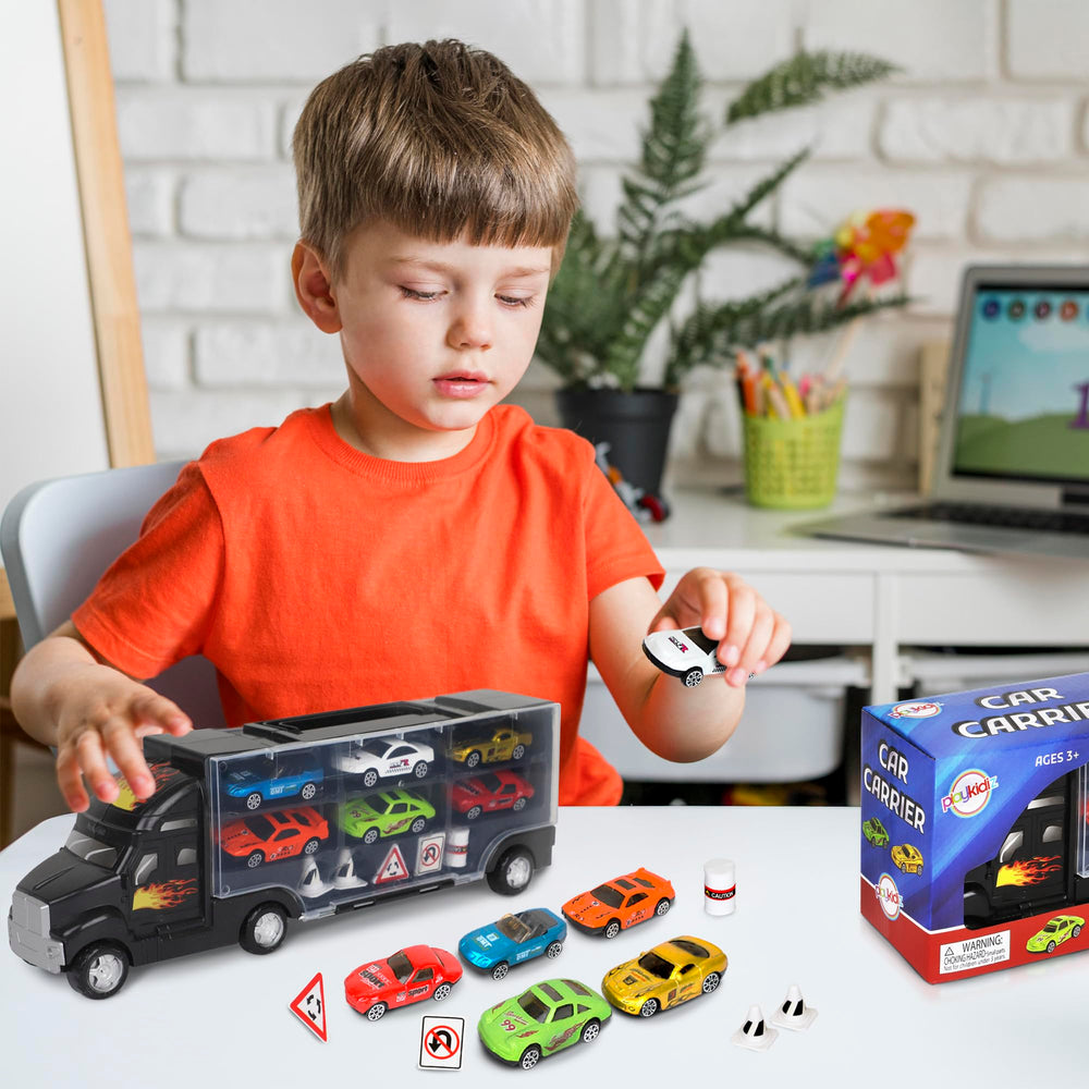 Playkidz car carrier truck with road accessories for added play options.