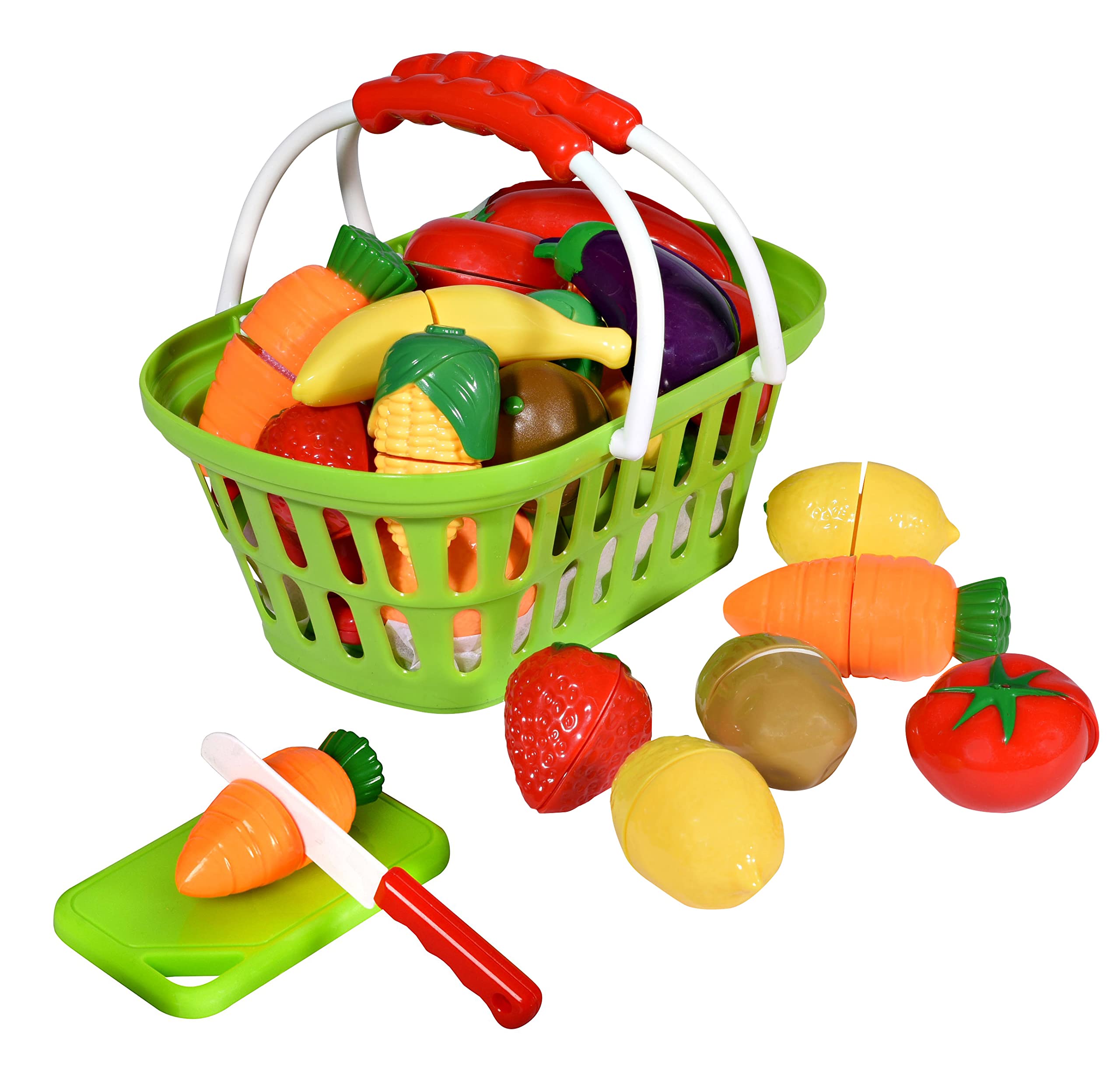 Playkidz fruit and vegetables basket for imaginative play and color recognition.
