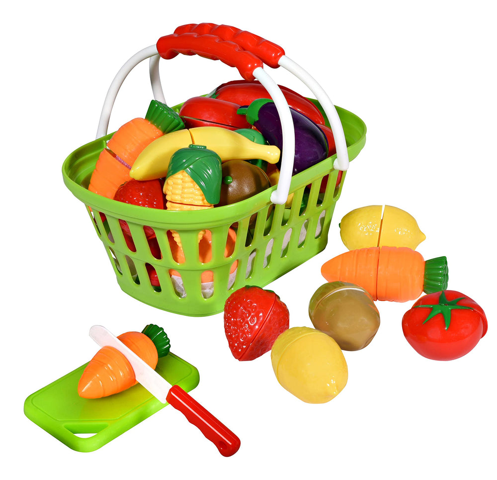 Playkidz fruit and vegetables basket for imaginative play and color recognition.