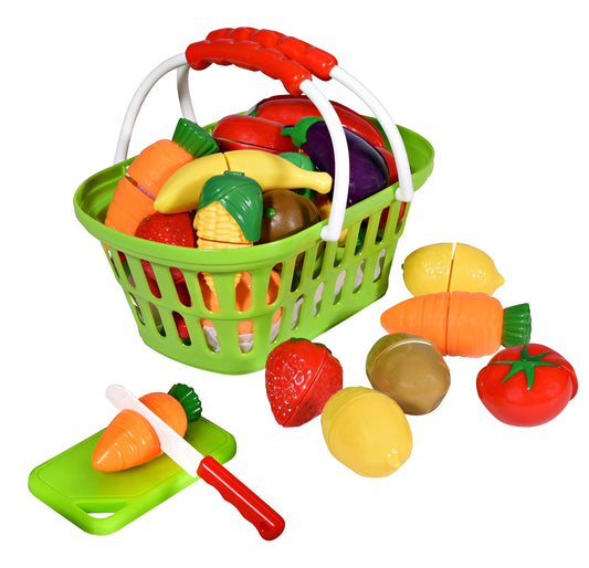 Playkidz fruit and vegetables basket for imaginative play and color recognition.