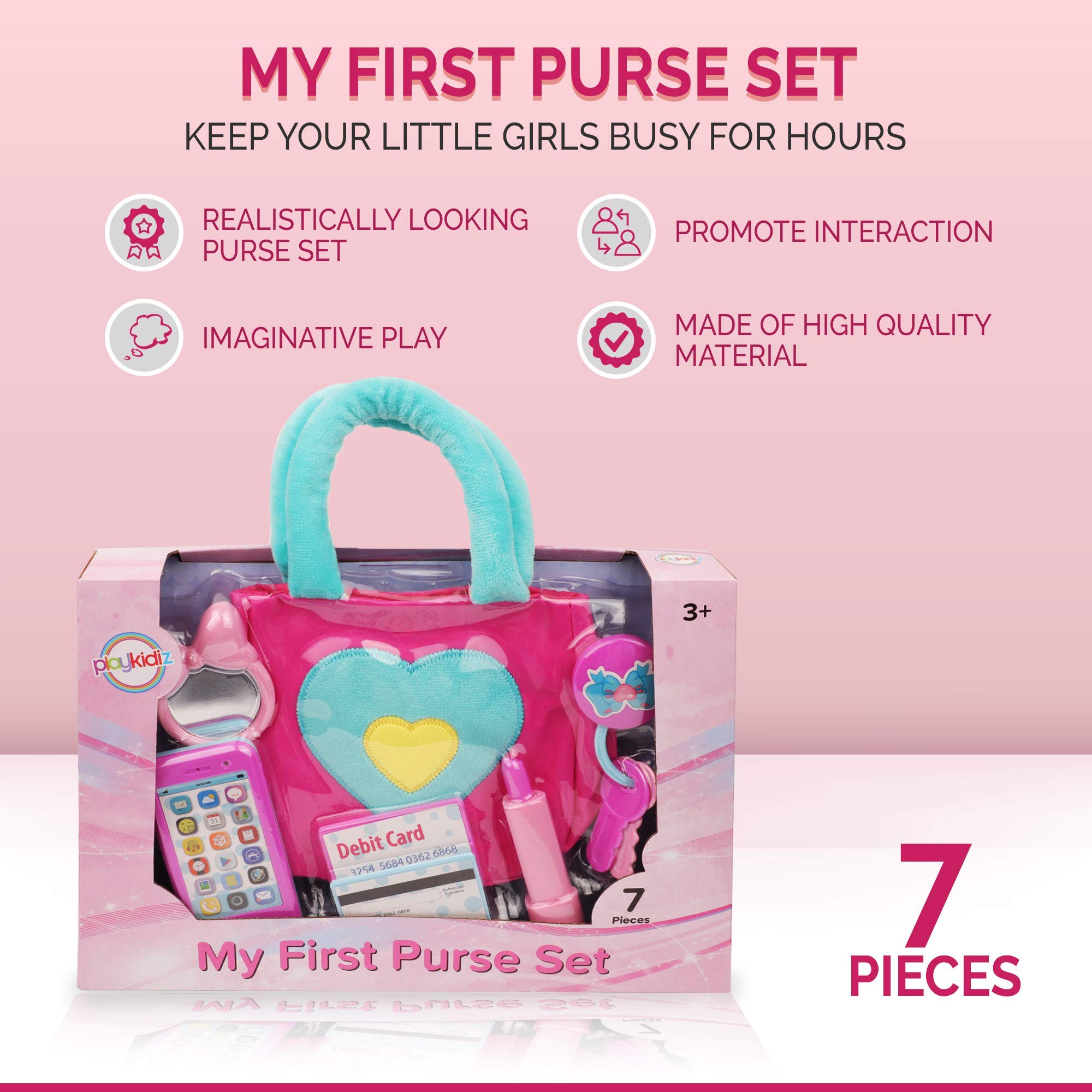 Playkidz soft purse with accessories highlights kid-friendly size and realistic details.