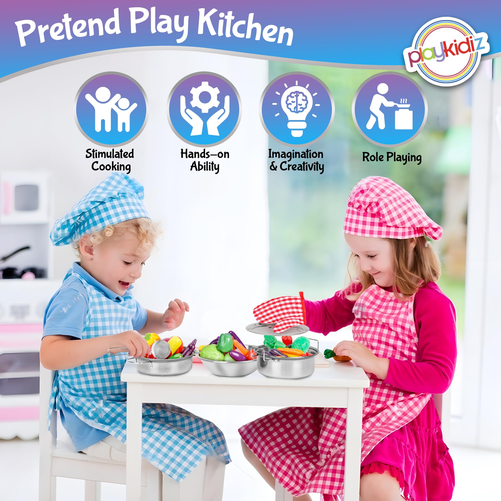 Playkidz realistic look stainless steel dishes for believable play