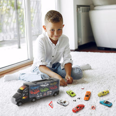 Playkidz toy cars inside the carrier for portable playtime.