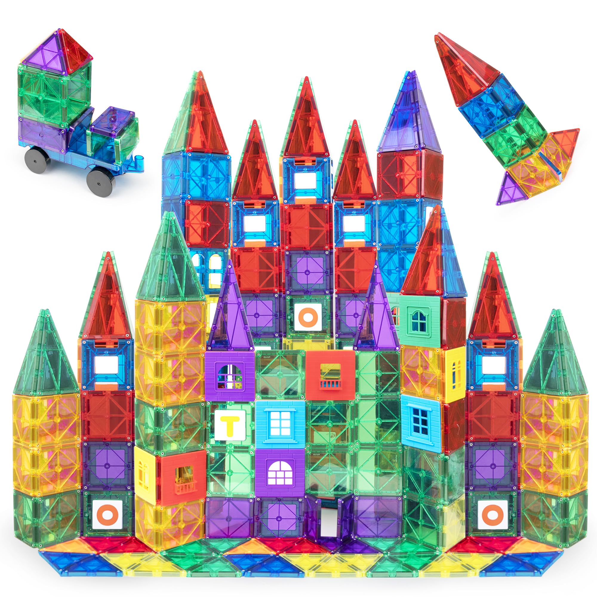 Playmags 150-piece magnetic tiles arranged for open-ended construction and imaginative play