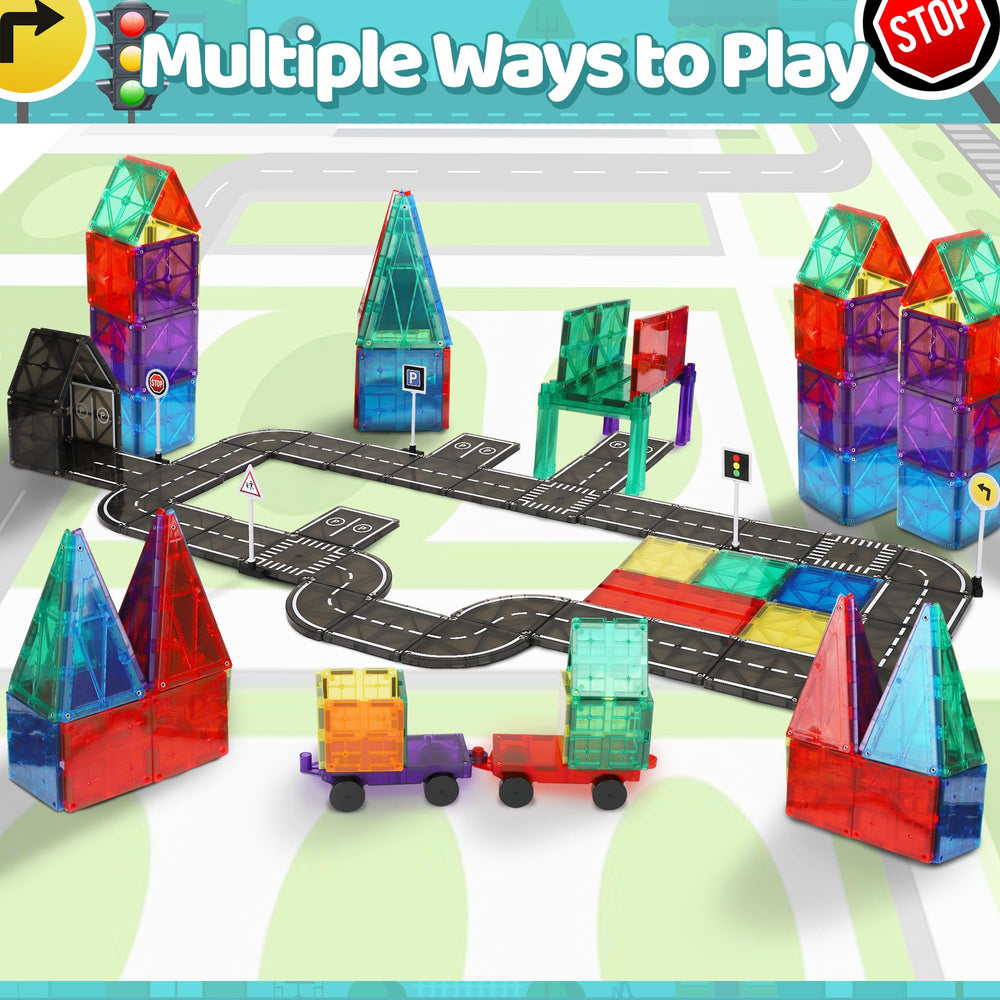 Assembled Playmags track idea with bridges and tunnels for imaginative play.