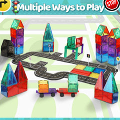 Assembled Playmags track idea with bridges and tunnels for imaginative play.