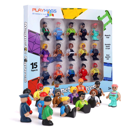 Playmags community set 15 pieces featuring diverse magnetic figures for open-ended creative play.