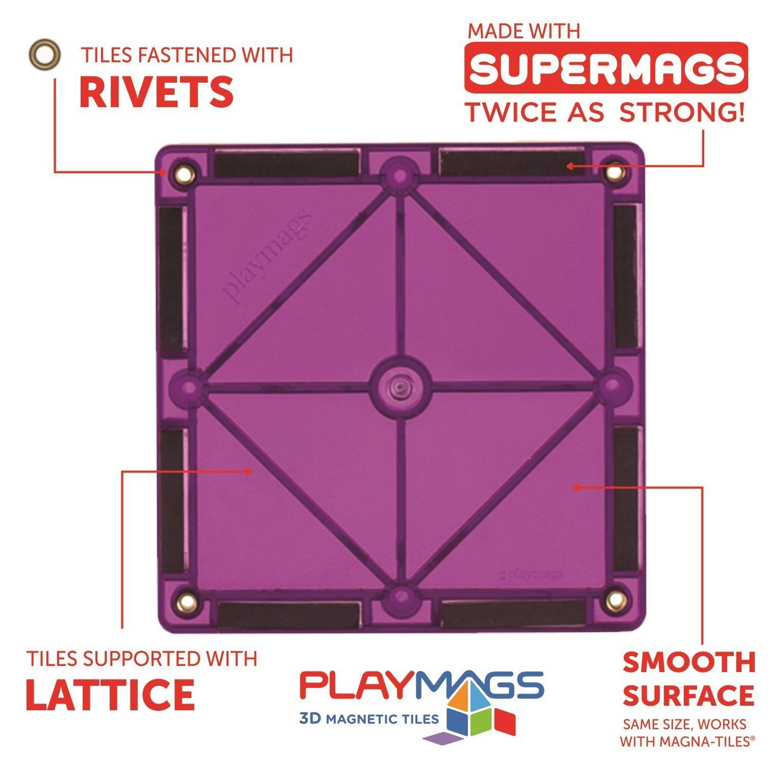 Playmags compatible magnetic tiles connect easily for quick play setups.