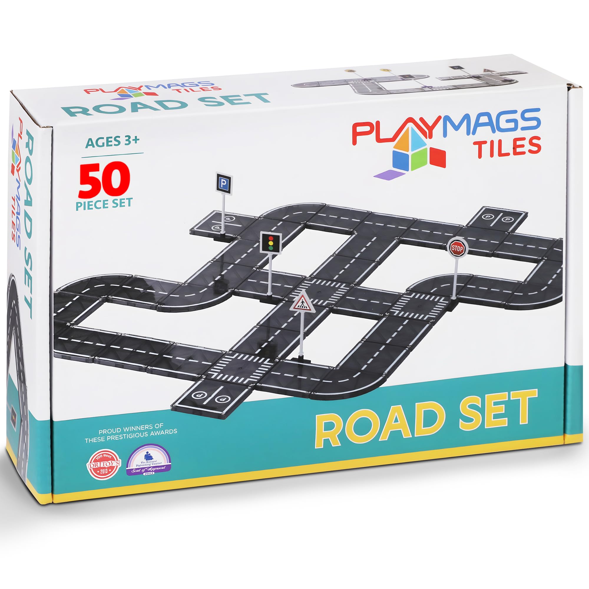 Playmags road tiles 50-piece set for creative city designs and STEM play.