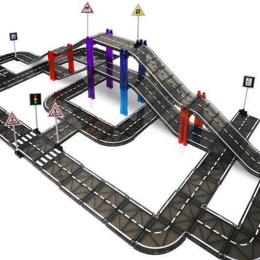 Playmags Bridge Piece anchors elevated routes for dramatic, multi-level play.