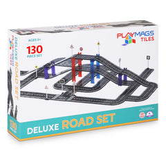 Playmags Road Set straight-curved pieces enable open-ended city building and imaginative driving.