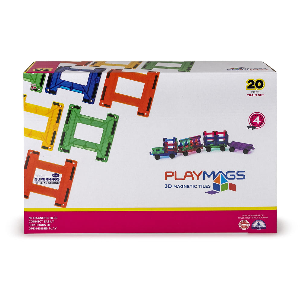 Playmags train-assembly scene demonstrates easy stacking for flexible layouts.