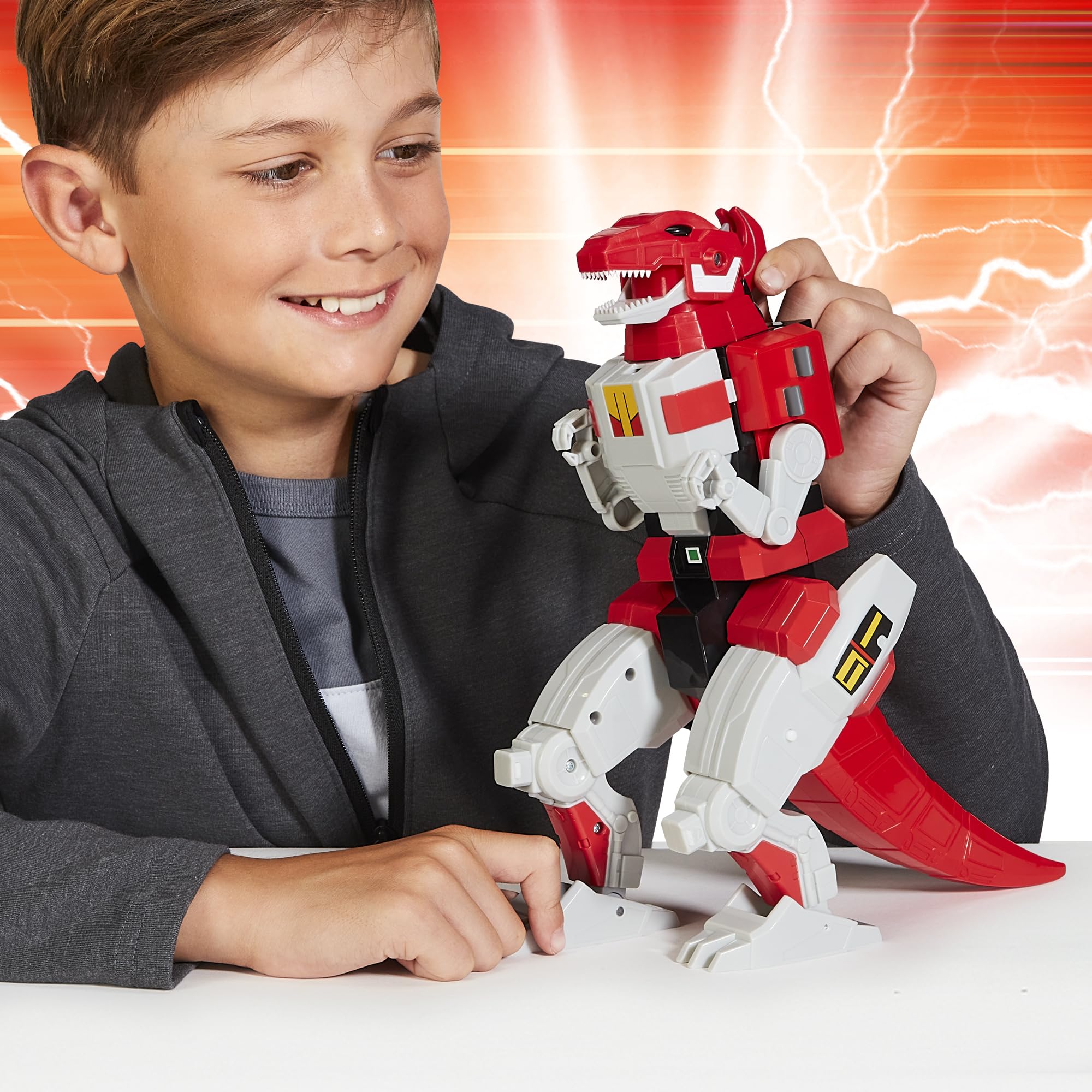 Tyrannosaurus Rex Megazord showing connectors for combinable action with other figures.