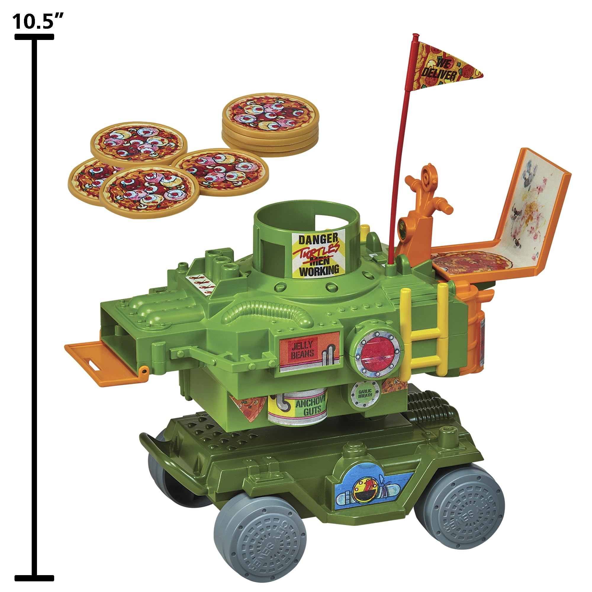 PlayMates TMNT Pizza Thrower Vehicle 360-launcher close-up captures action-ready mechanism.