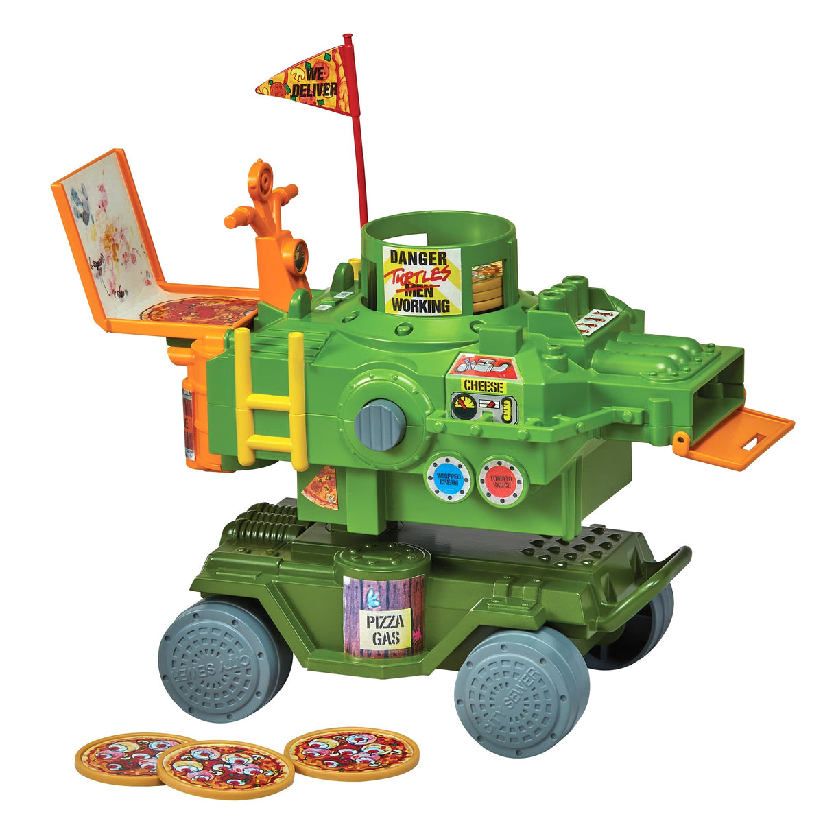 PlayMates TMNT Pizza Thrower Vehicle front view for action-packed play sessions.
