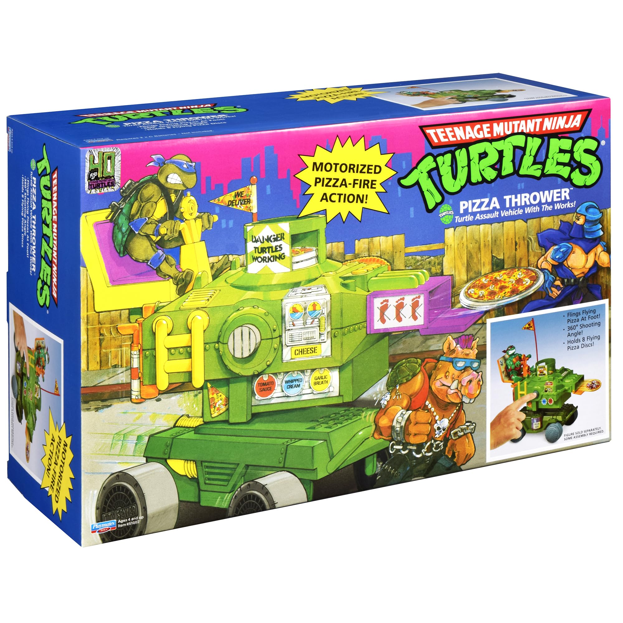 PlayMates TMNT Pizza Thrower Vehicle packaging shows content and setup tips.